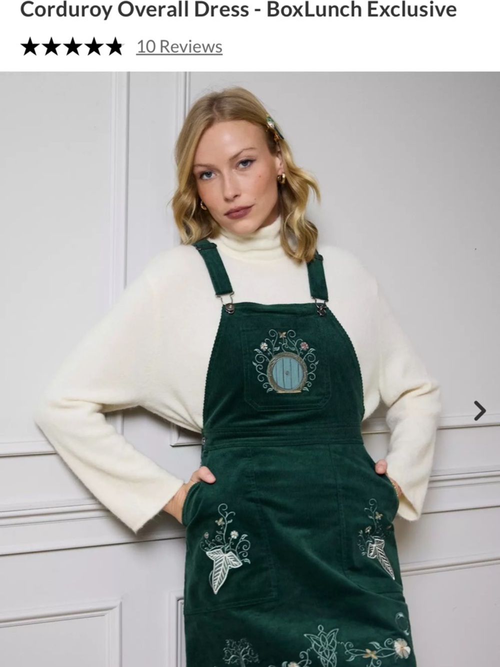 LOTR BoxLunch Embroidered Corduroy Overall Dress in Deep Green